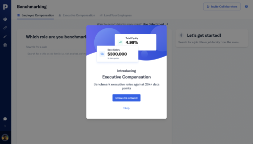 A feature announcement in PayScale's benchmarking product introducing a new data capability, with an illustration and a 'Show me around' CTA.