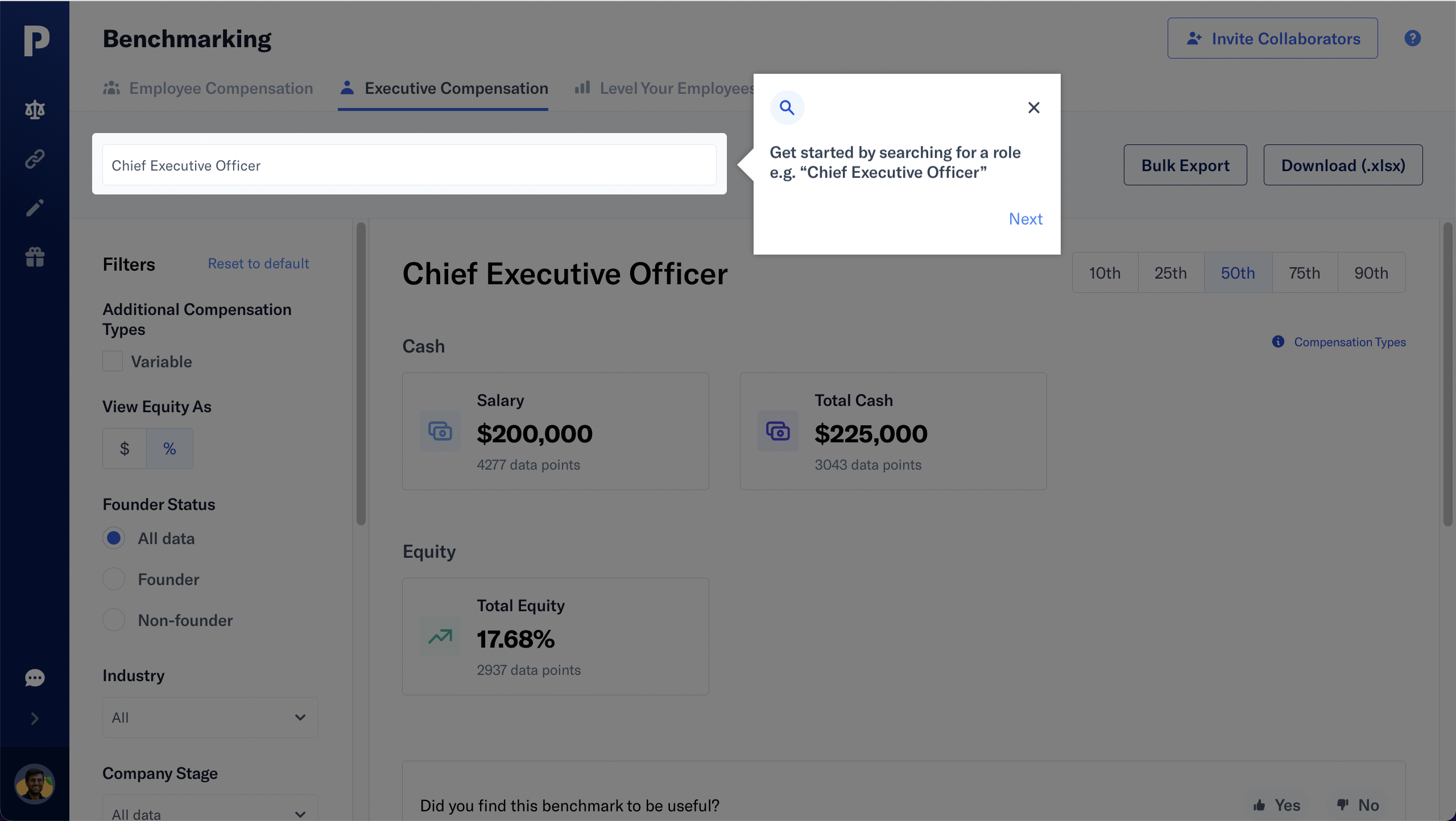 A step in the Payscales onboarding tour that teaches users to use their Benchmarking feature.