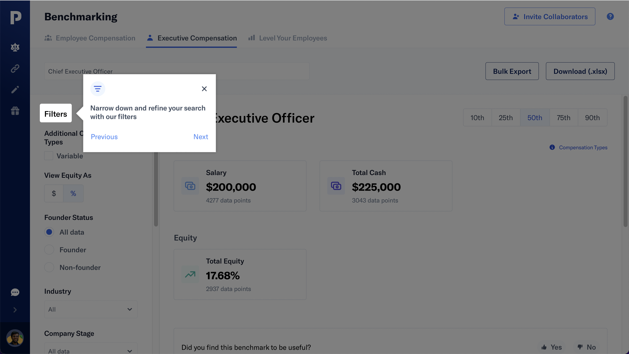 An onboarding tour step on PayScale's compensation benchmarking screen, introducing filtering options.