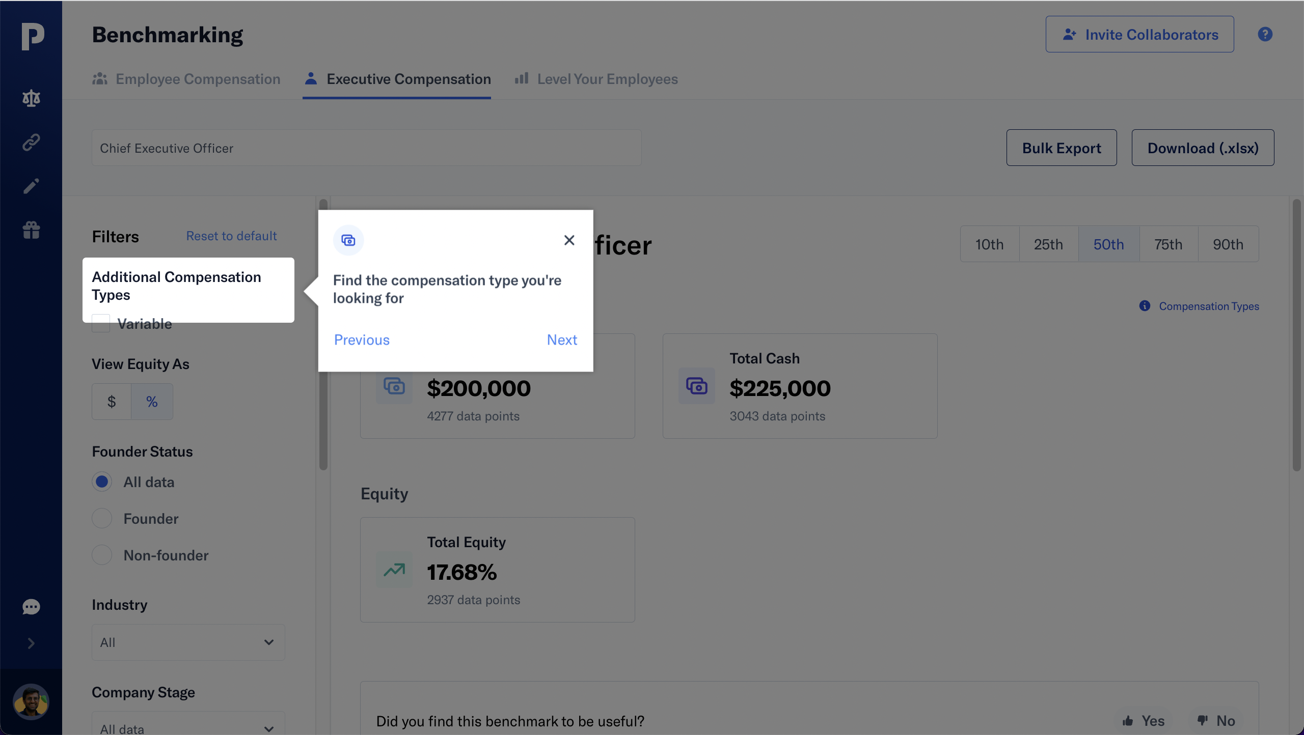 A step in a PayScale onboarding tour guiding users to use filters.