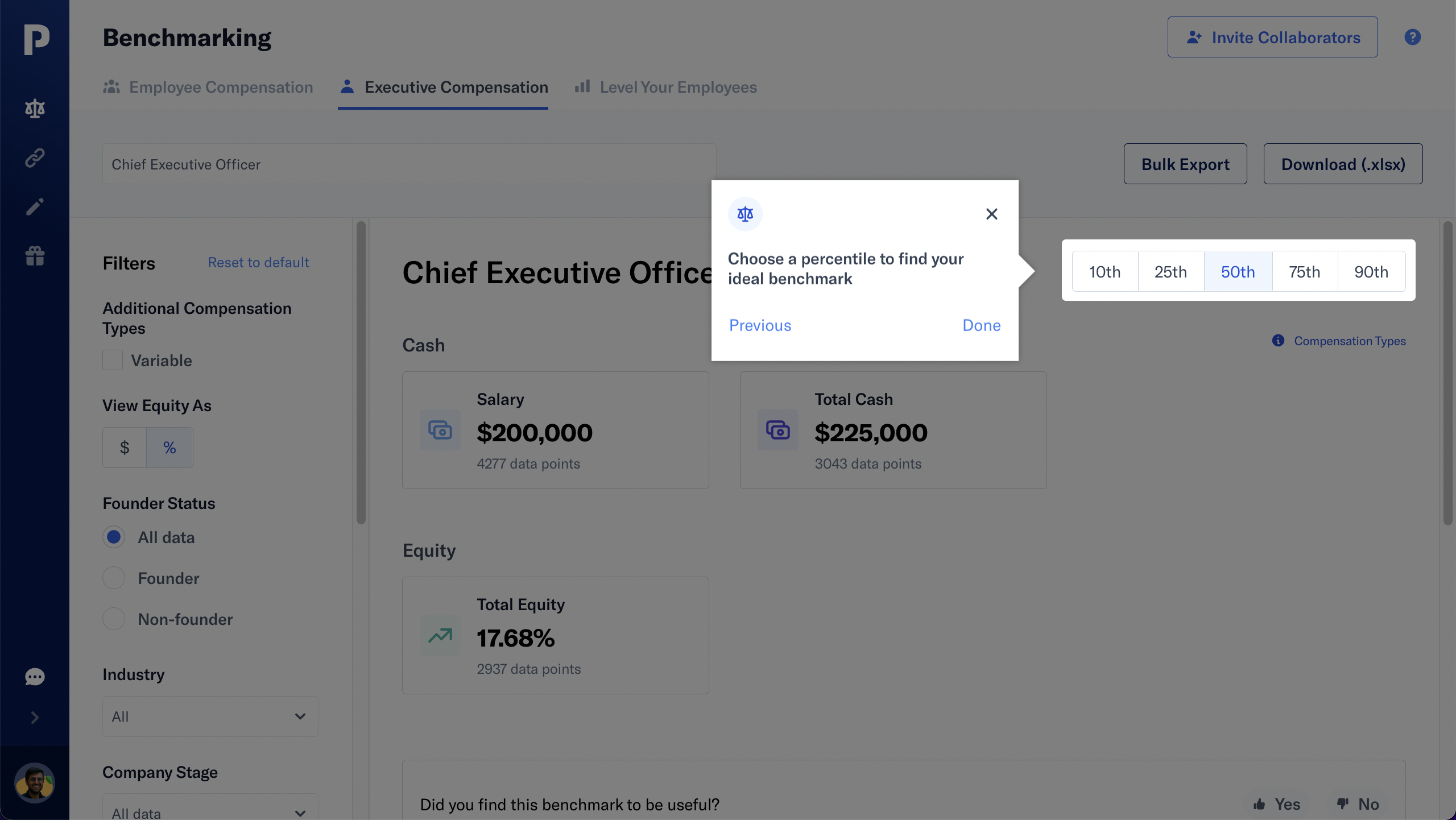 A step in a PayScale onboarding tour guiding users to select a benchmark percentile, with the 50th percentile highlighted.