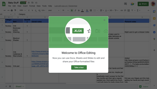 A Google Sheets announcement modal introducing the ability to edit Office-formatted files, with a 'Take a tour' call to action.
