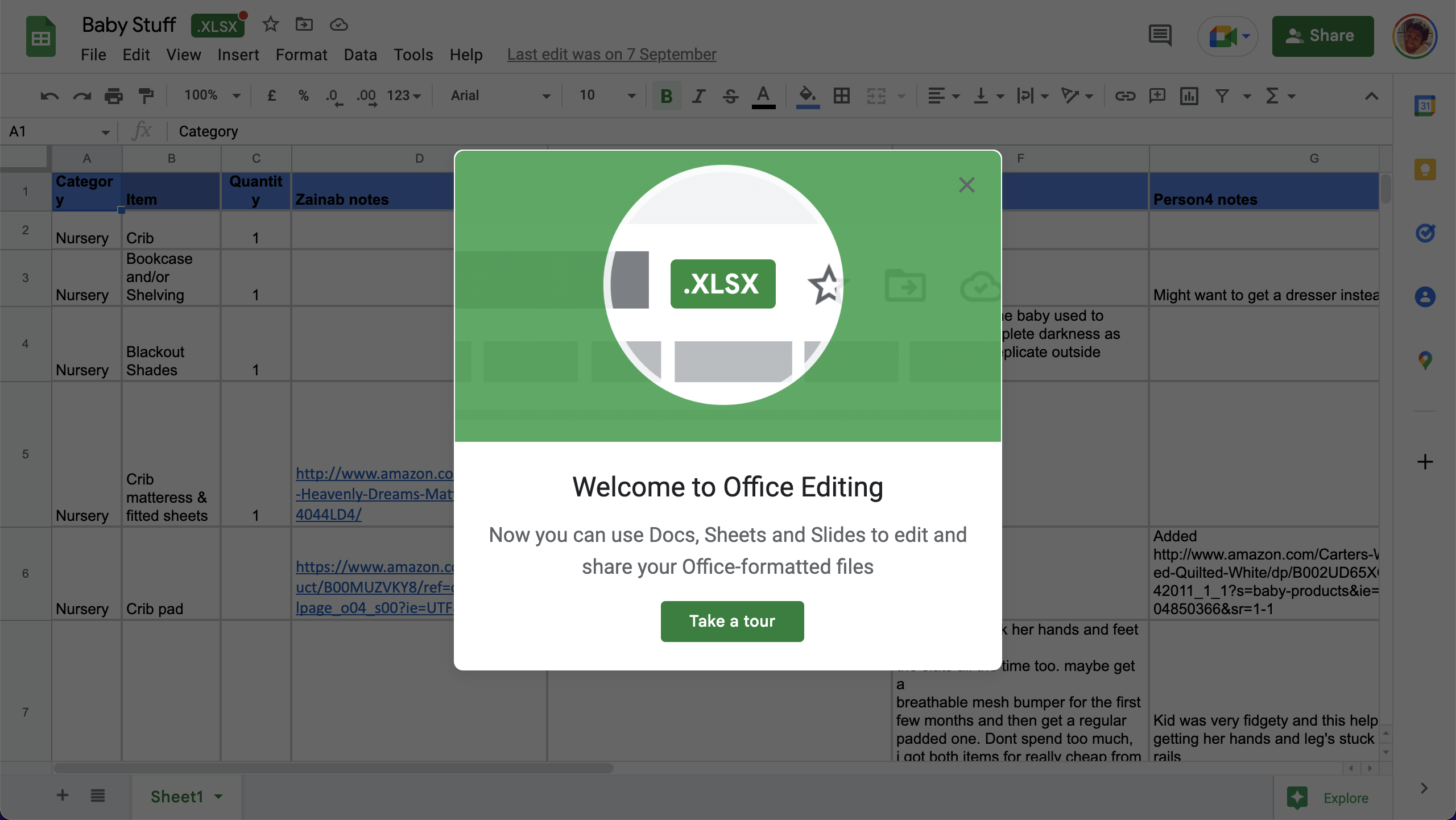 A Google Sheets announcement modal introducing the ability to edit Office-formatted files, with a 'Take a tour' call to action.