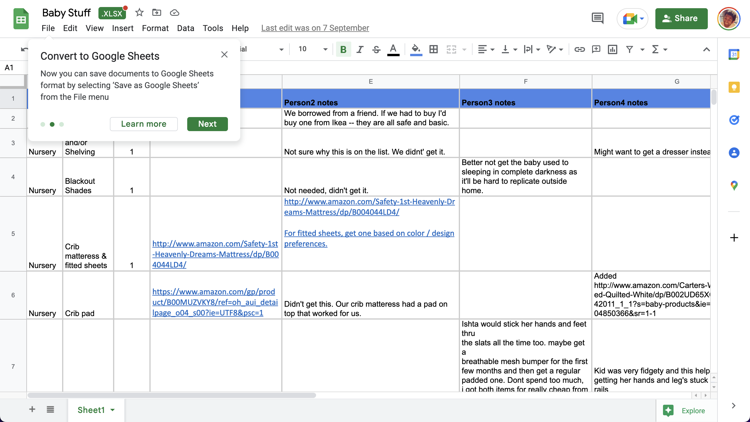 A step in a Google Sheets product tour introducing a file format conversion feature.