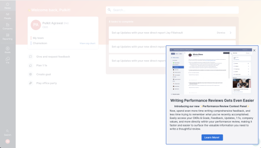 A Lattice announcement modal introducing a new performance review context panel, with a feature screenshot preview and a 'Learn More!' CTA.