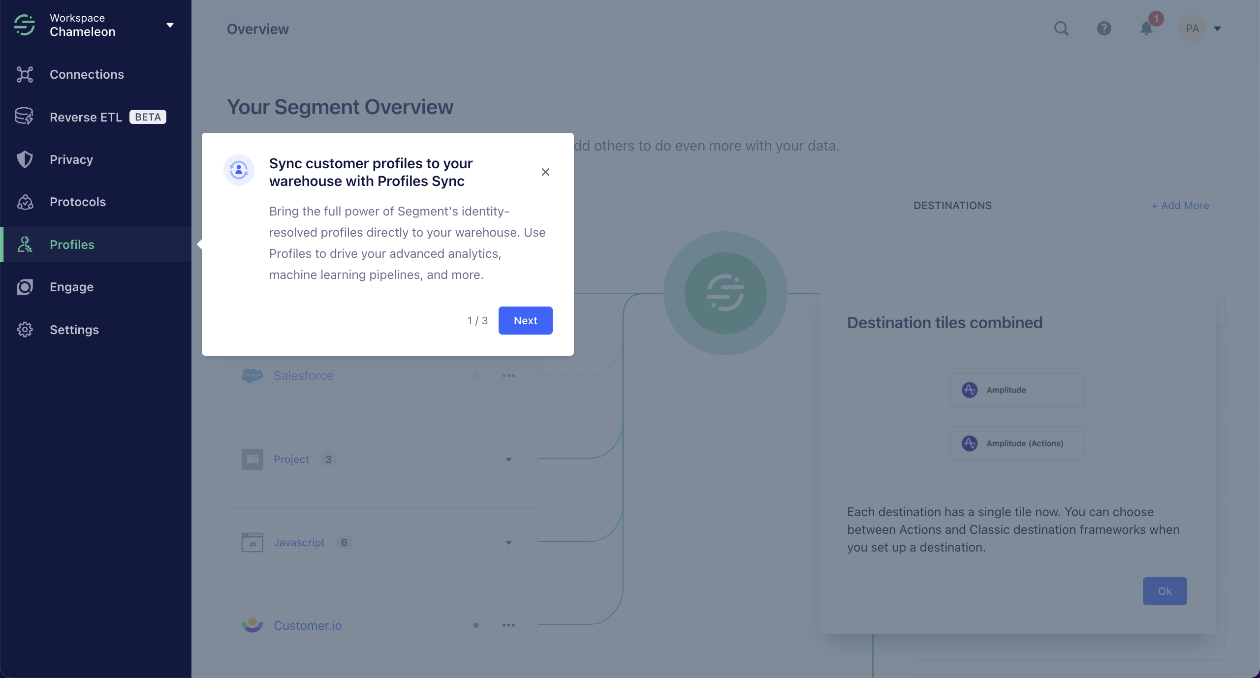 A Segment feature announcement tour step introducing a new data warehousing capability.