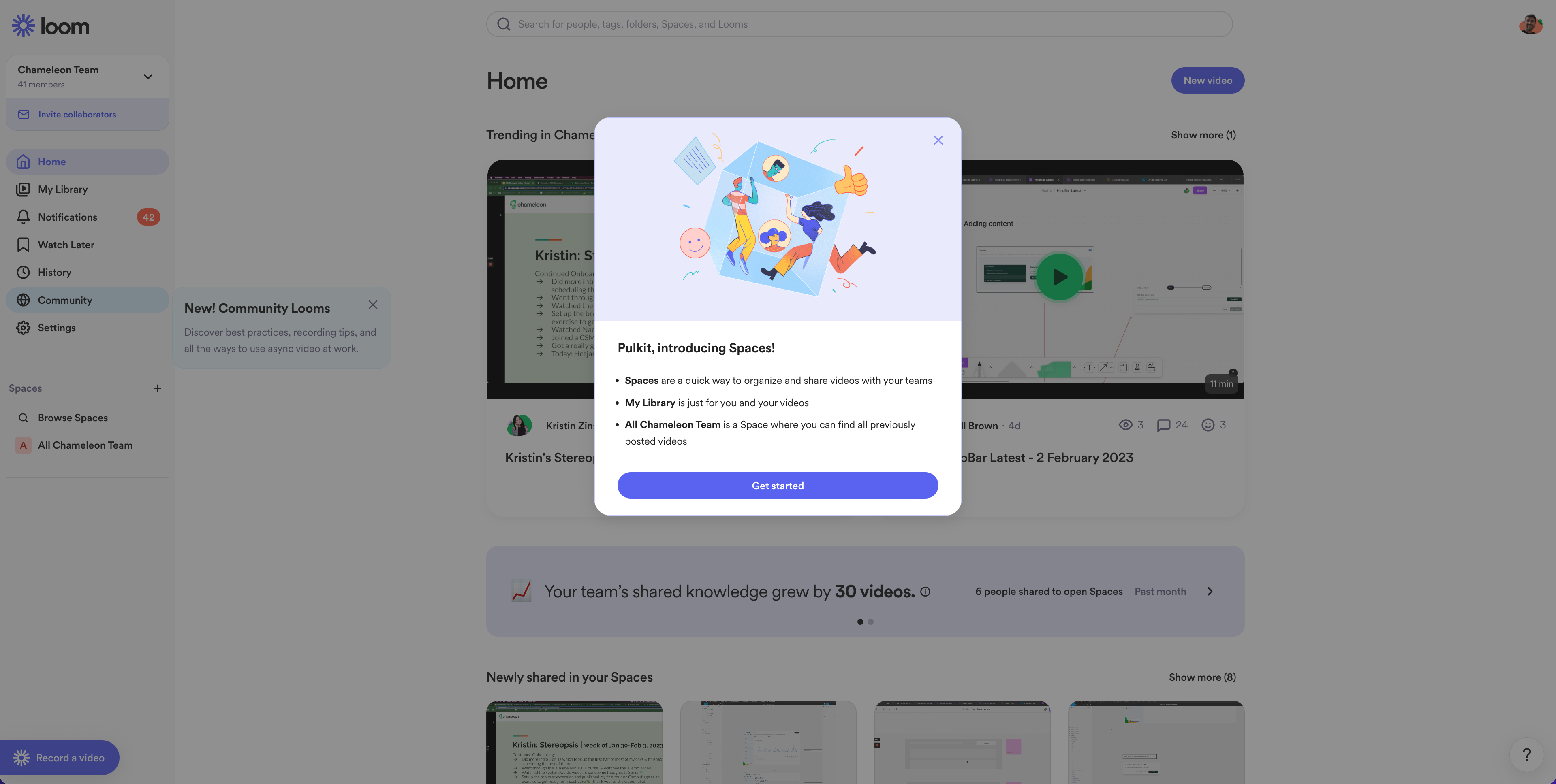 A Loom feature announcement modal introducing a new organizational feature, with a playful illustration and a 'Get started' CTA
