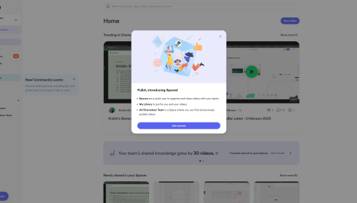 A Loom feature announcement modal introducing a new organizational feature, with a playful illustration and a 'Get started' CTA