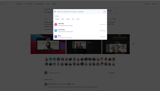 Product Hunt's CMD+K search overlay showing a search field, trending topic pills, and time-based product browsing shortcuts.