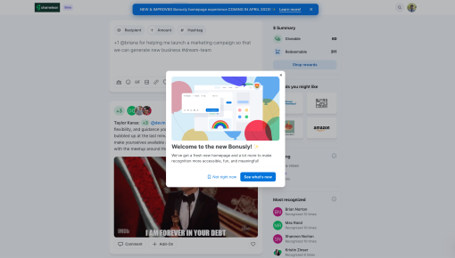 A Bonusly redesign announcement modal with a celebratory illustration.