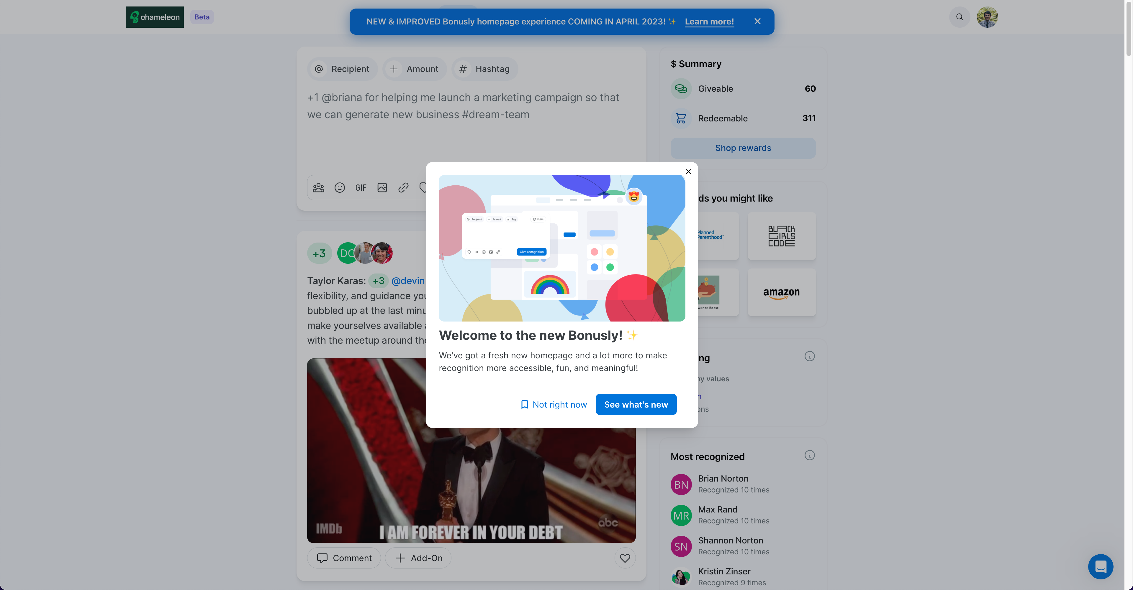 A Bonusly redesign announcement modal with a celebratory illustration.