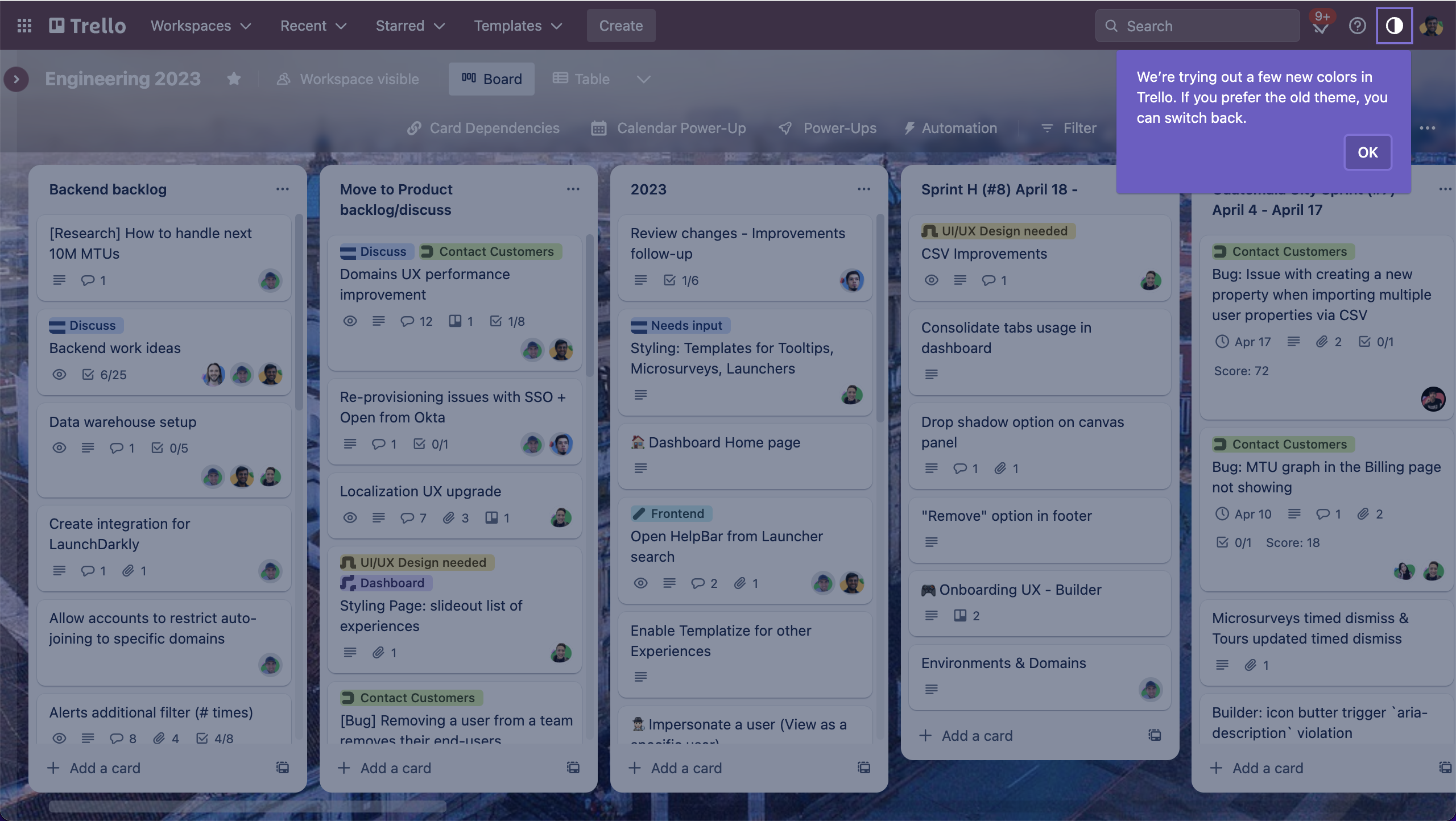 A Trello tooltip announcing a color theme change, with an option to revert.