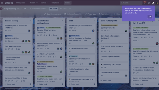 A Trello tooltip announcing a color theme change, with an option to revert.