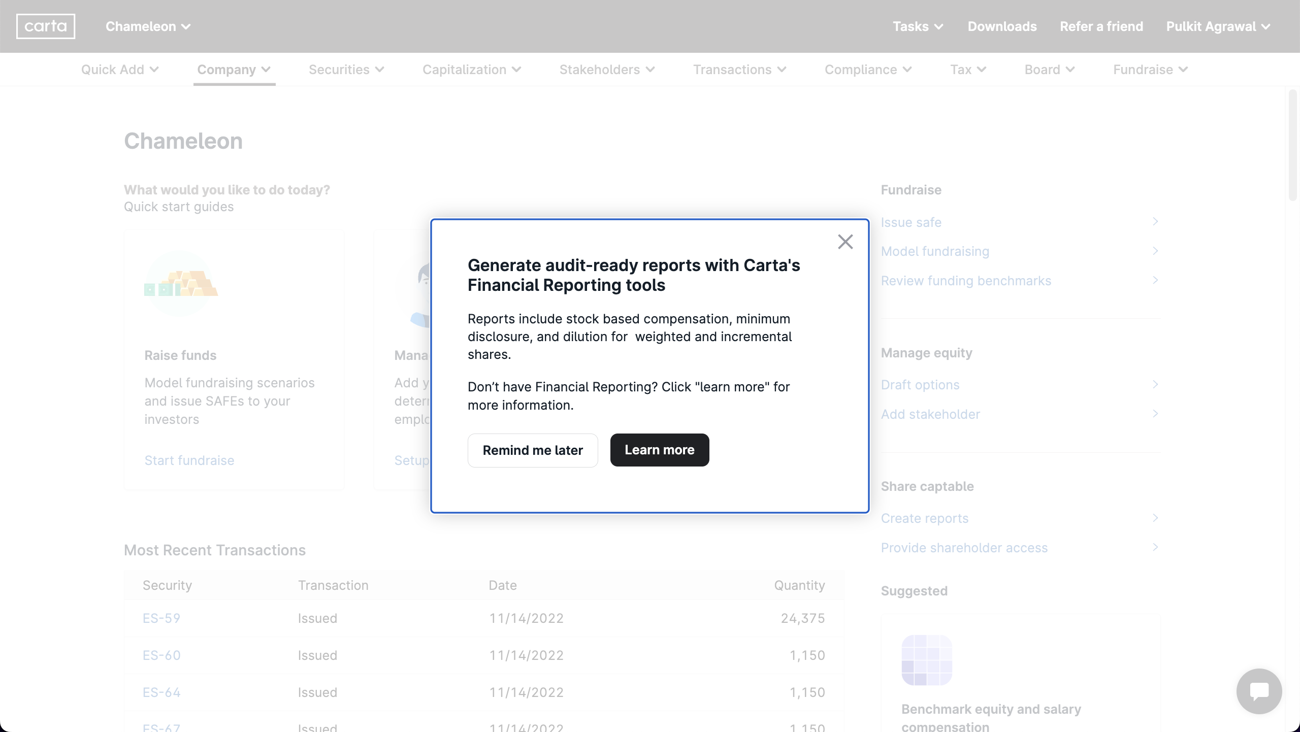 A feature announcement modal on Carta's dashboard promoting a reporting capability.
