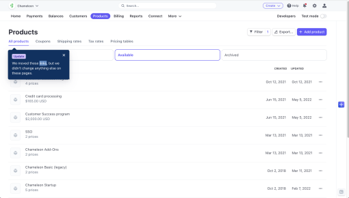 A Stripe tooltip announcing a navigation change.