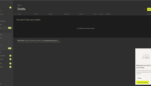 Ramp's Bill Pay Drafts empty state showing a file upload prompt and a card promoting accounting sync integration.