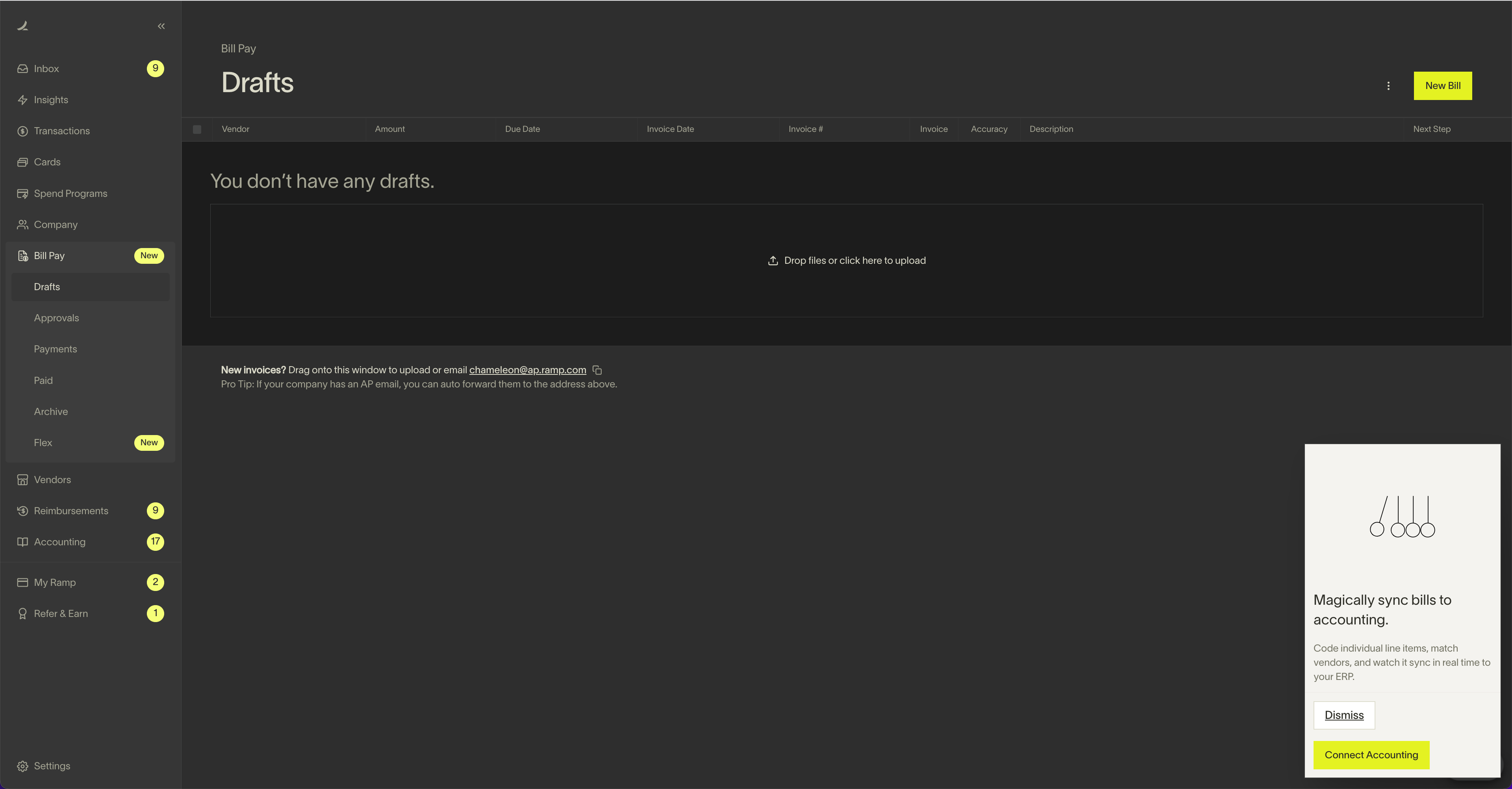 Ramp's Bill Pay Drafts empty state showing a file upload prompt and a card promoting accounting sync integration.