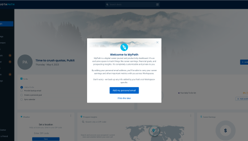 A QuotaPath modal introducing a new personalized career and earnings tracking feature.