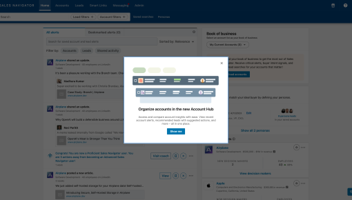 A LinkedIn Sales Navigator feature announcement modal introducing a new feature, with an illustration and a single CTA.