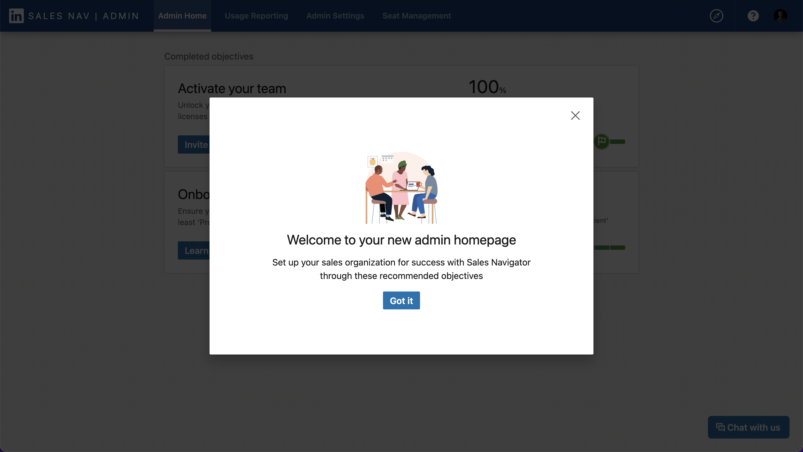 A LinkedIn Sales Navigator modal welcoming admins to a redesigned admin homepage, with a collaborative team illustration and a single CTA.