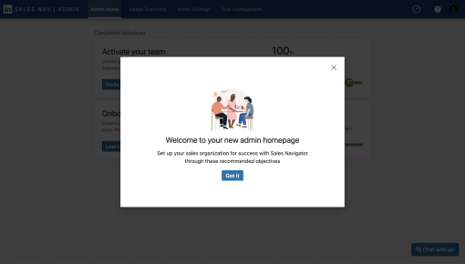 A LinkedIn Sales Navigator modal welcoming admins to a redesigned admin homepage, with a collaborative team illustration and a single CTA.