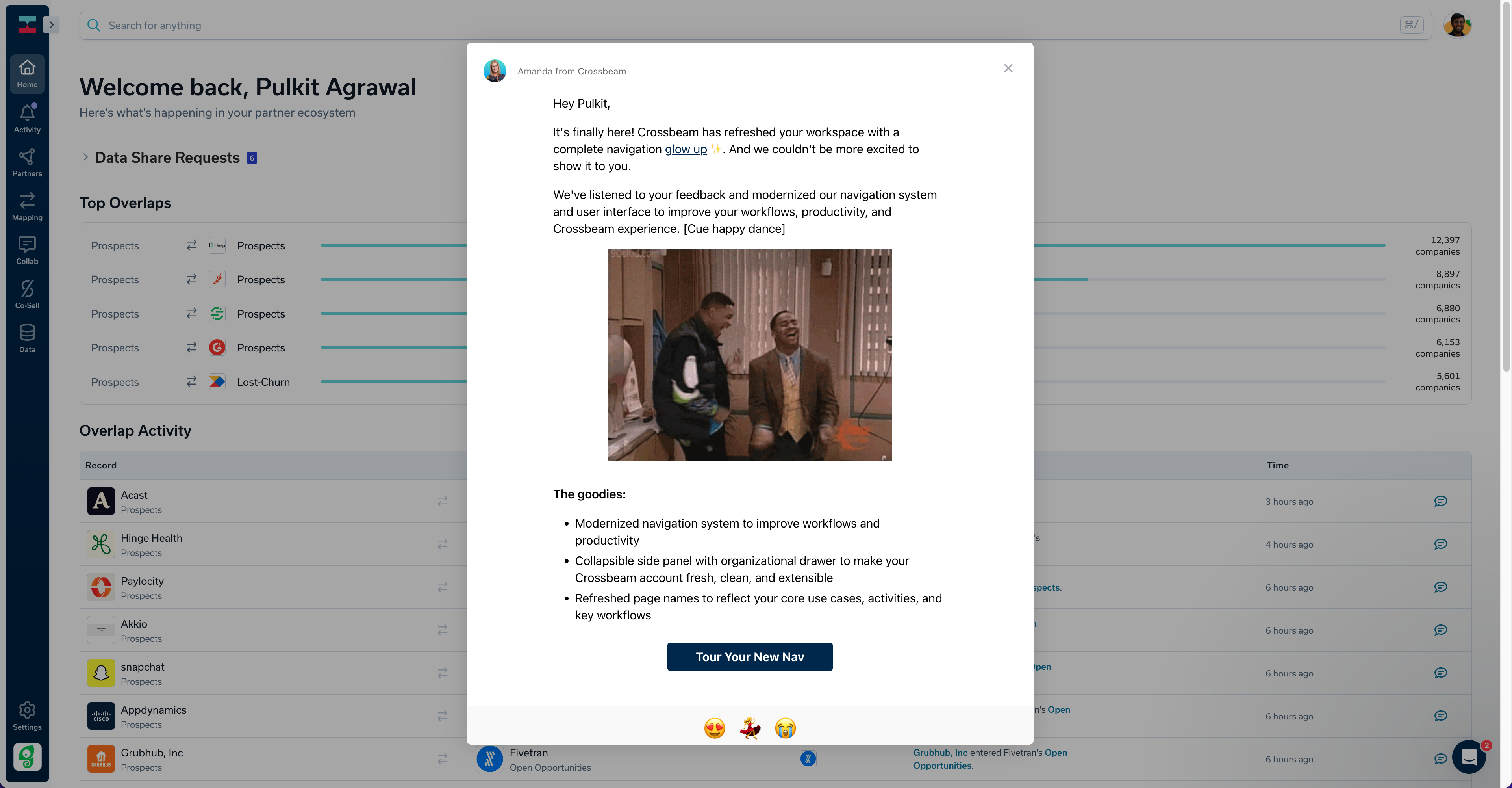 A Crossbeam in-app announcement modal introducing a navigation redesign, with a GIF, a bulleted summary of improvements, and a CTA to tour the updated navigation.