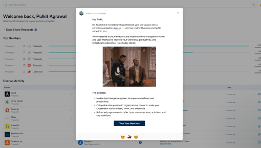 A Crossbeam in-app announcement modal introducing a navigation redesign, with a GIF, a bulleted summary of improvements, and a CTA to tour the updated navigation.