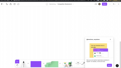 A feature announcement in FigJam introducing @mentions for team collaboration.
