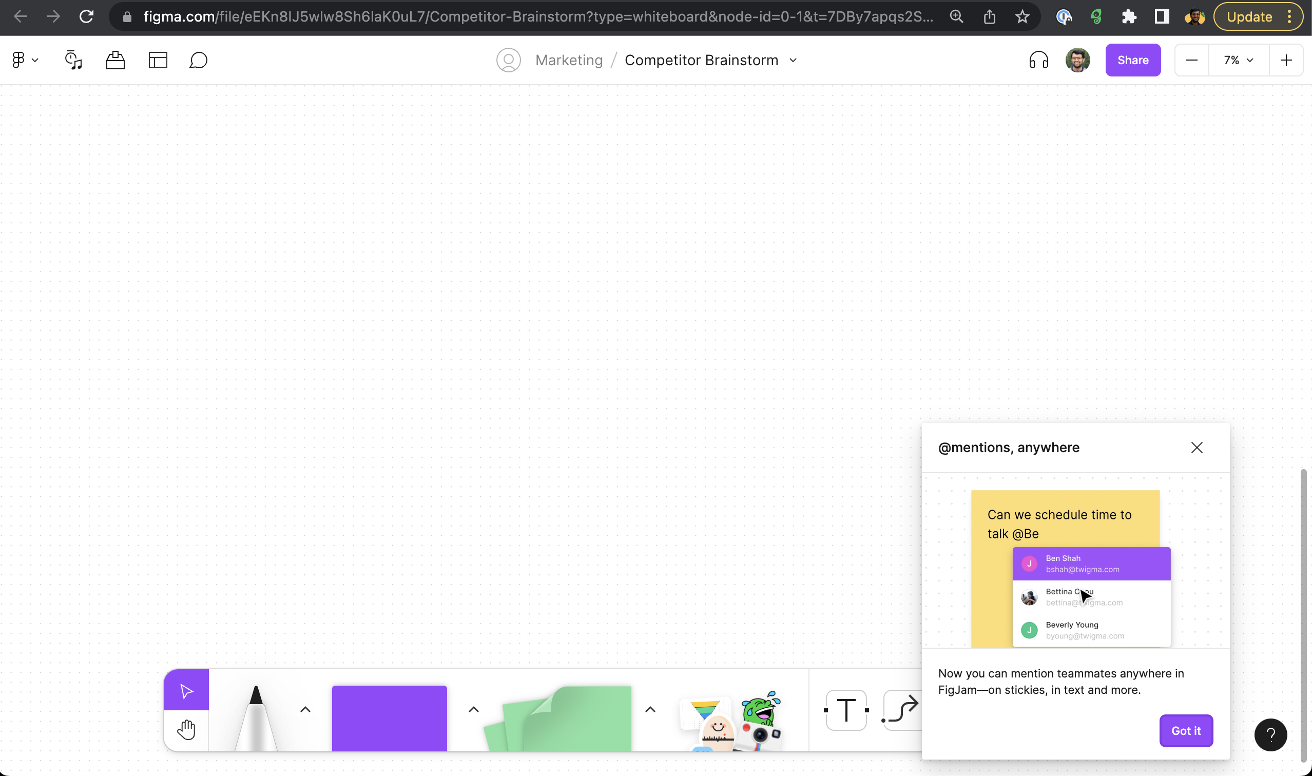 A feature announcement in FigJam introducing @mentions for team collaboration.