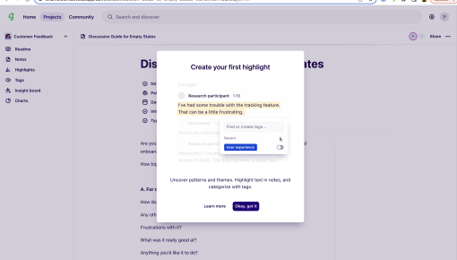 An onboarding modal on Dovetail introducing its highlighting and tagging workflow, with an 