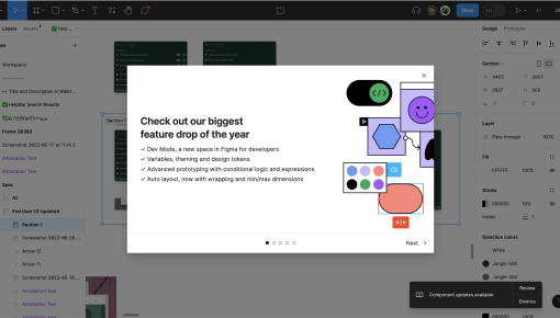 A step in a Figma product tour announcing a major feature release, with an abstract illustration.