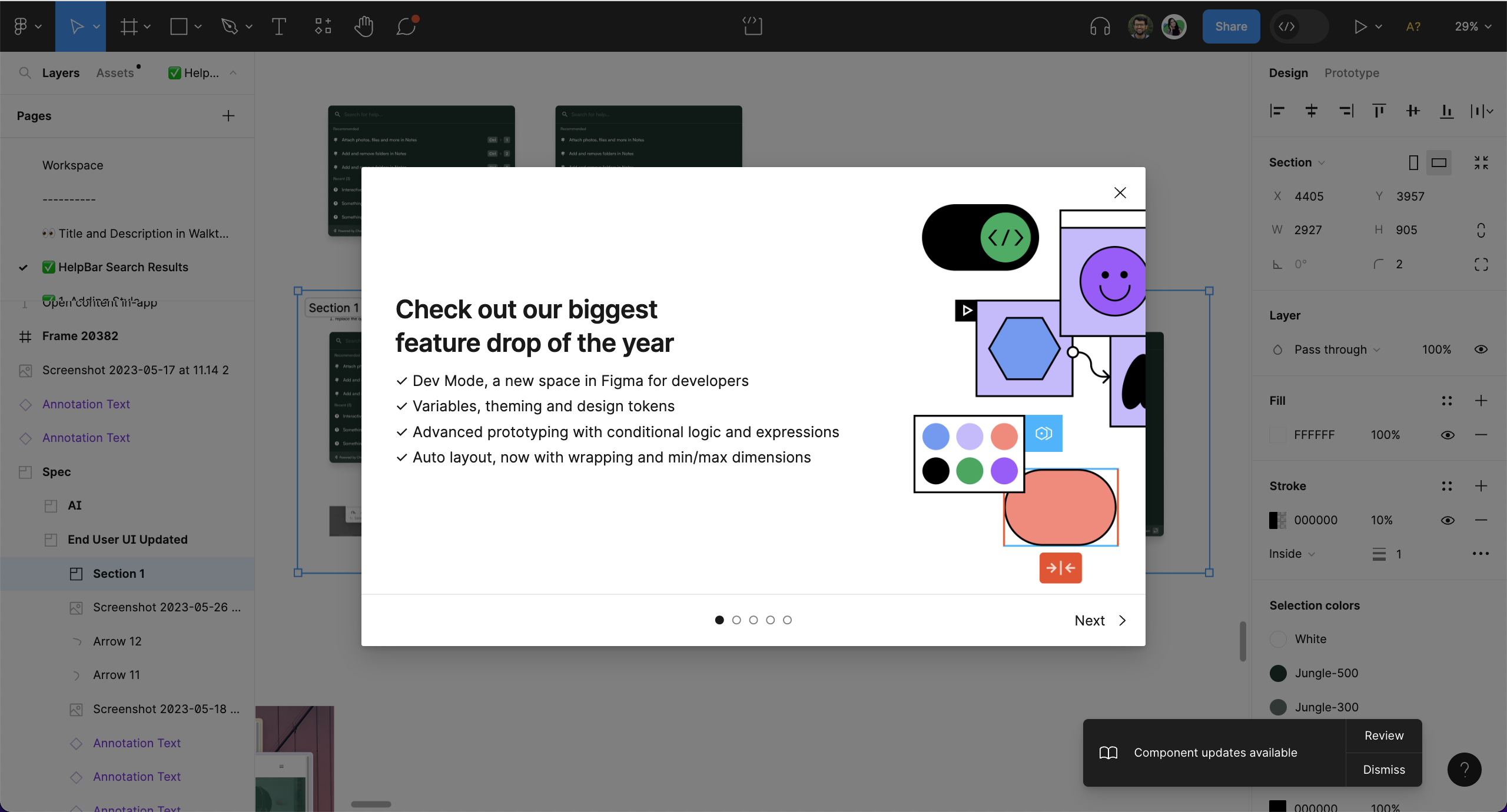 A step in a Figma product tour announcing a major feature release, with an abstract illustration.