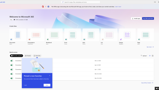 A feature announcement tour step in the Microsoft 365 dashboard, introducing a change to how content is organized, with an illustration.