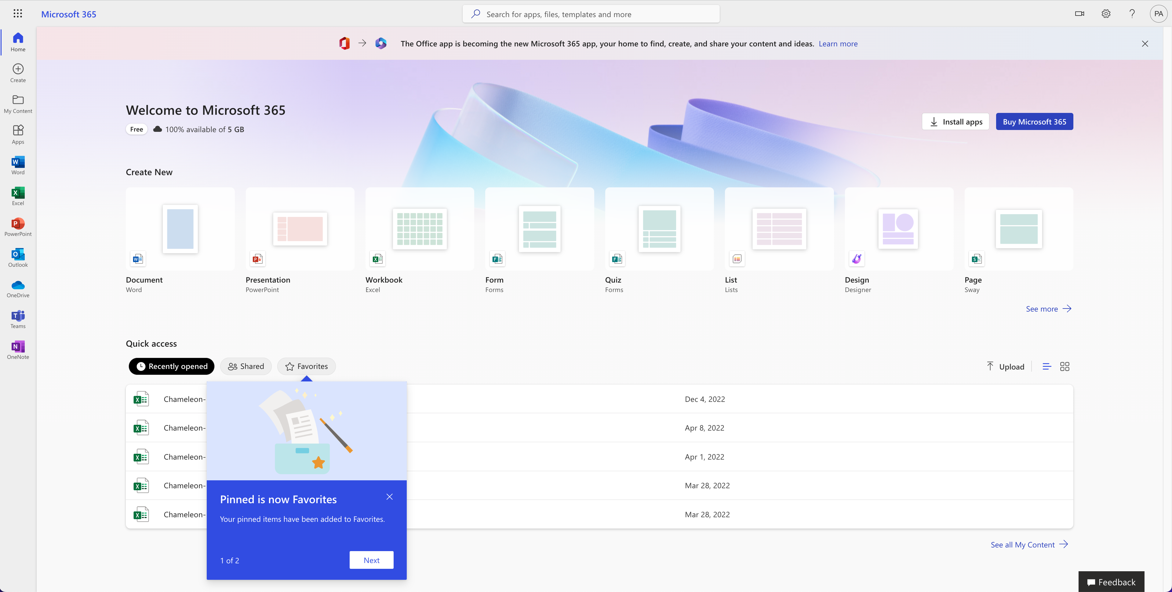 A feature announcement tour step in the Microsoft 365 dashboard, introducing a change to how content is organized, with an illustration.
