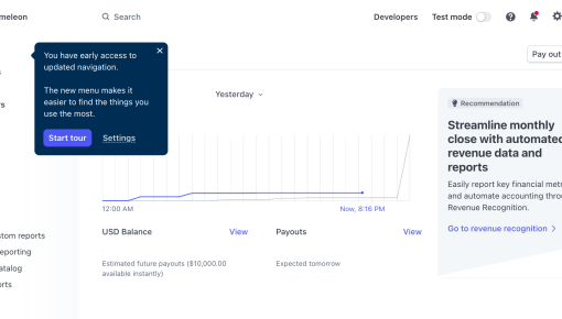 A Stripe dashboard tooltip announcing early access to a navigation update and offering to start a tour.