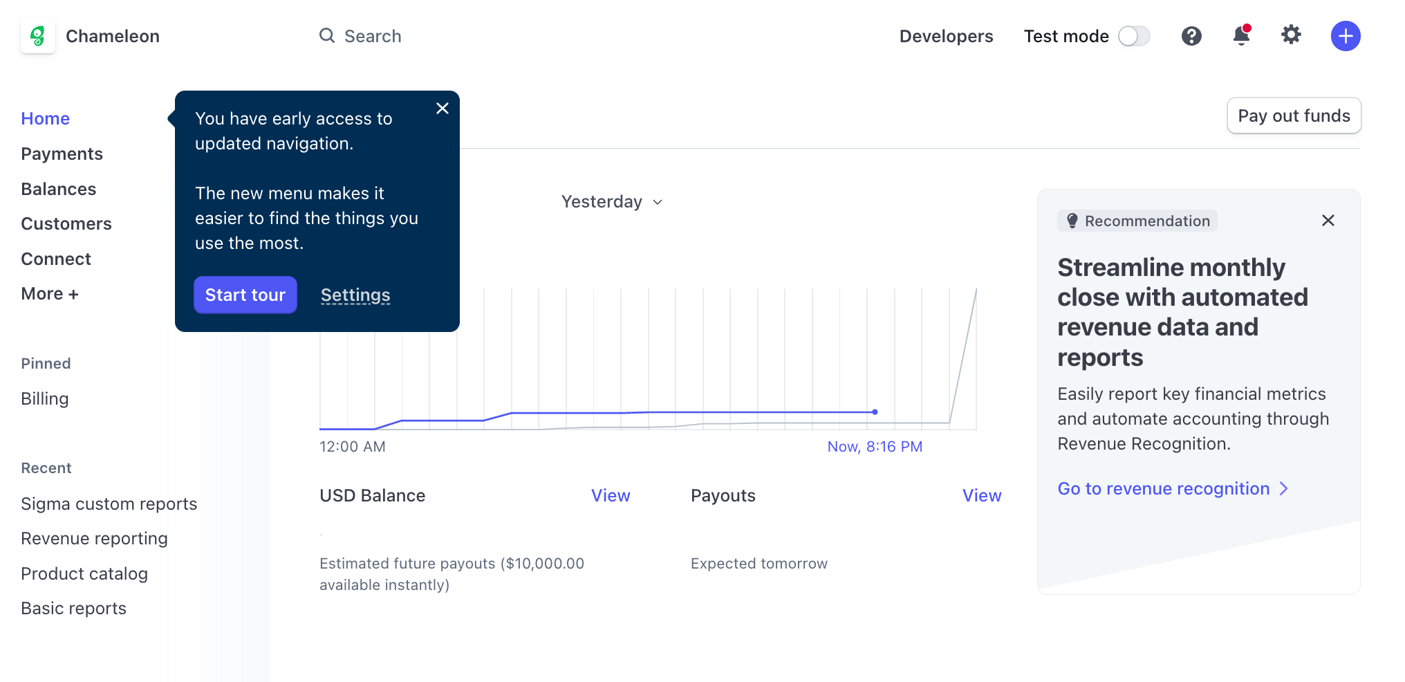 A Stripe dashboard tooltip announcing early access to a navigation update and offering to start a tour.