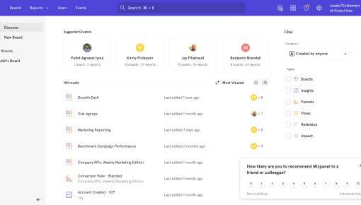 A Mixpanel NPS survey in the bottom-right corner of the analytics dashboard, asking users how likely they are to recommend the product.