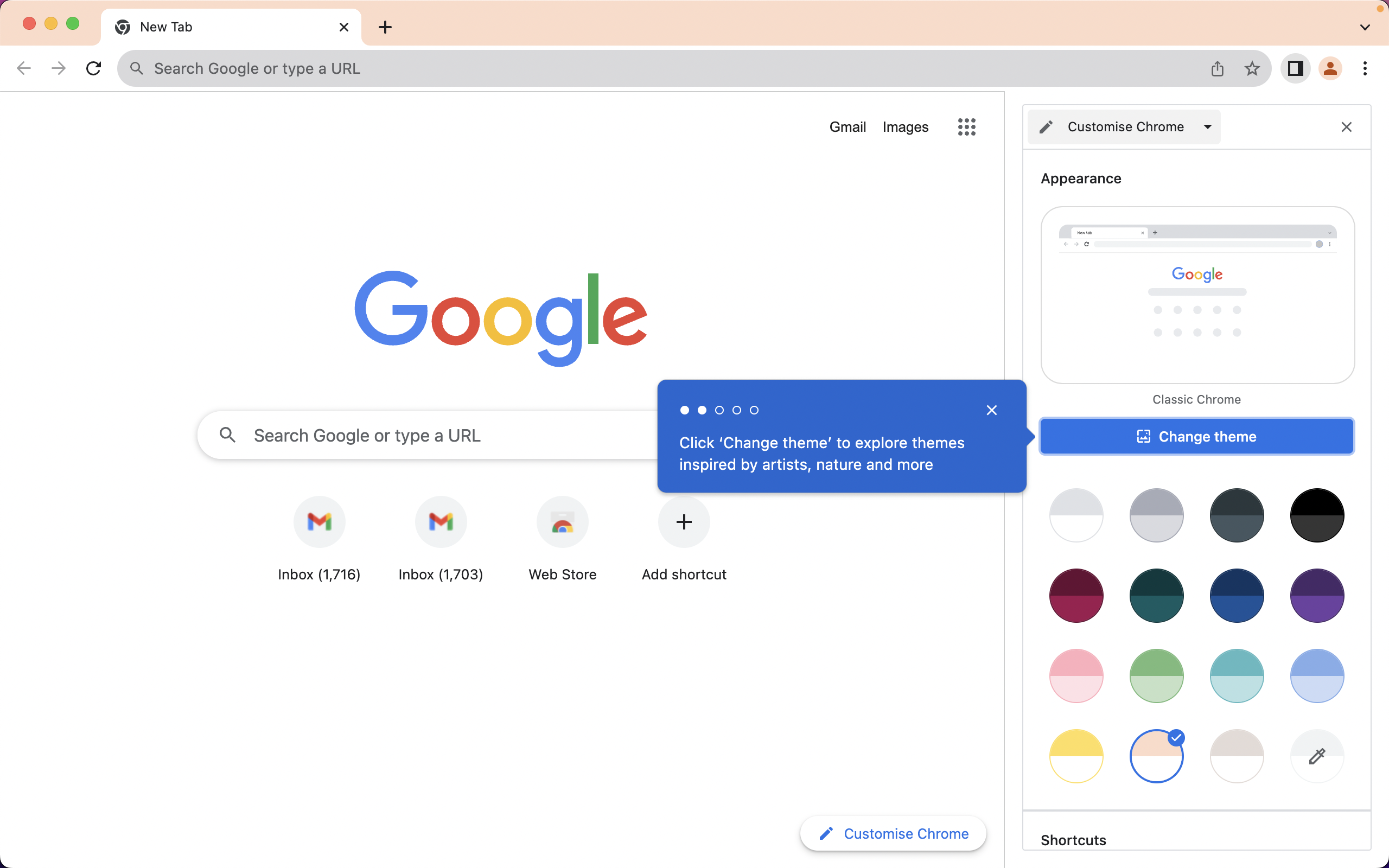 A step in Google Chrome's customization tour.