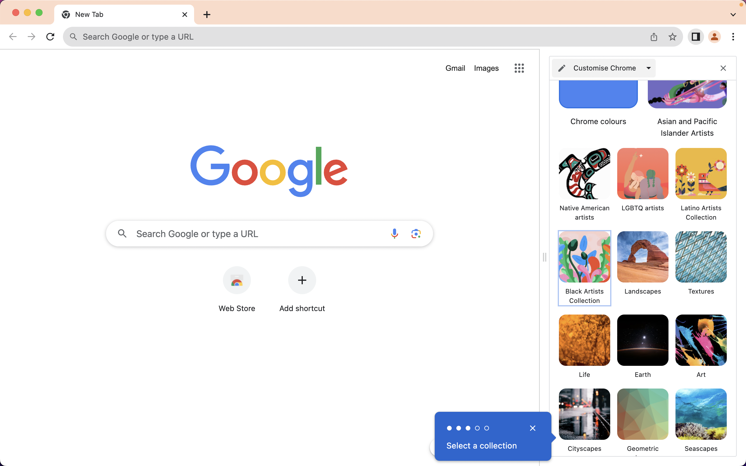 A step in a Chrome product tour guiding users to customize their browser theme