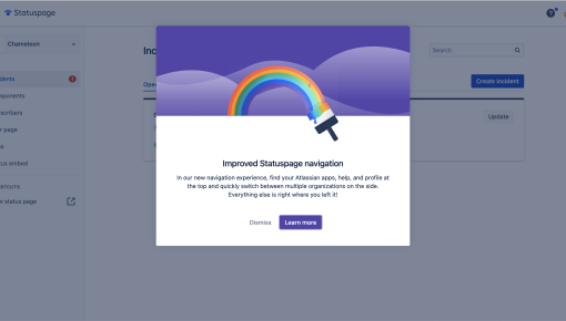 A Statuspage lightbox announcing a navigation update, featuring an illustration and 'Dismiss' or 'Learn more' CTAs.