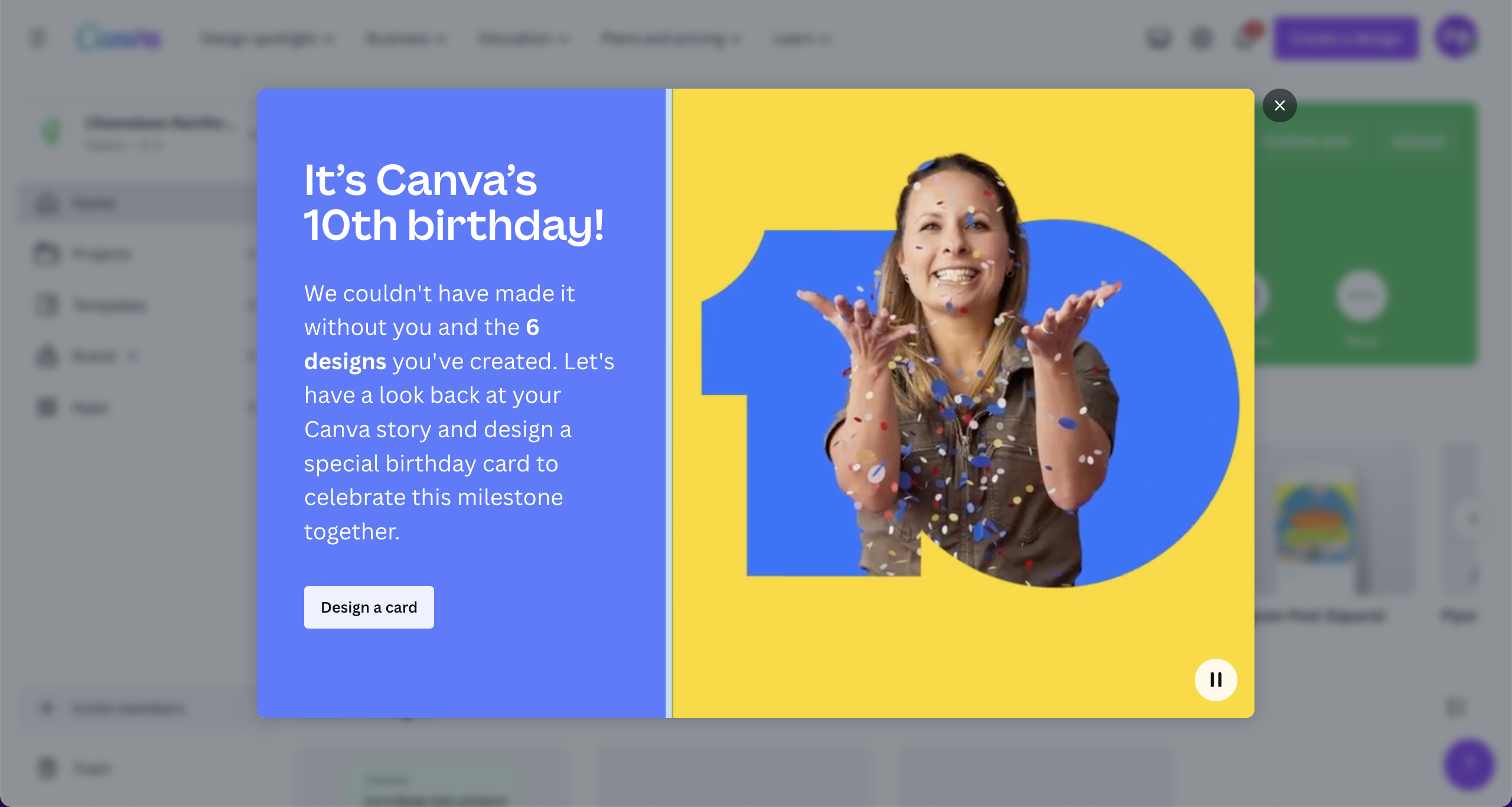 A Canva anniversary celebration modal inviting users to review their design history and create a birthday card.