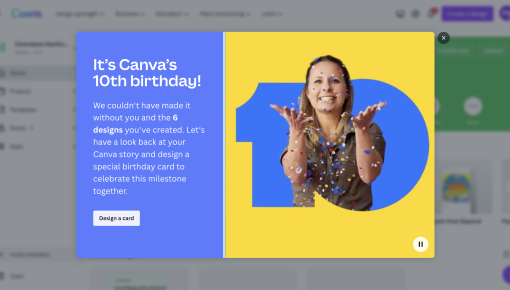 A Canva anniversary celebration modal inviting users to review their design history and create a birthday card.