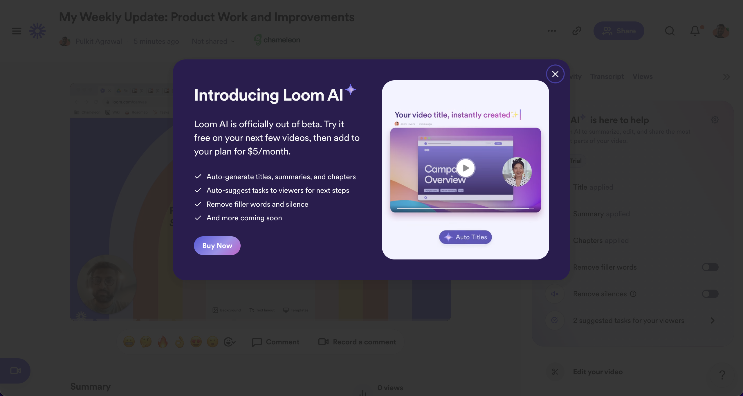 A Loom upsell modal introducing a new AI add-on, with a benefit checklist, a feature preview, and a 'Buy Now' CTA.