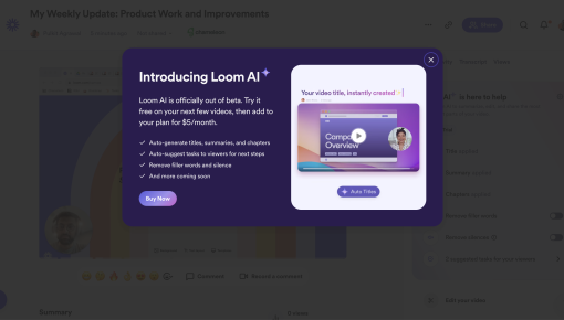 A Loom upsell modal introducing a new AI add-on, with a benefit checklist, a feature preview, and a 'Buy Now' CTA.