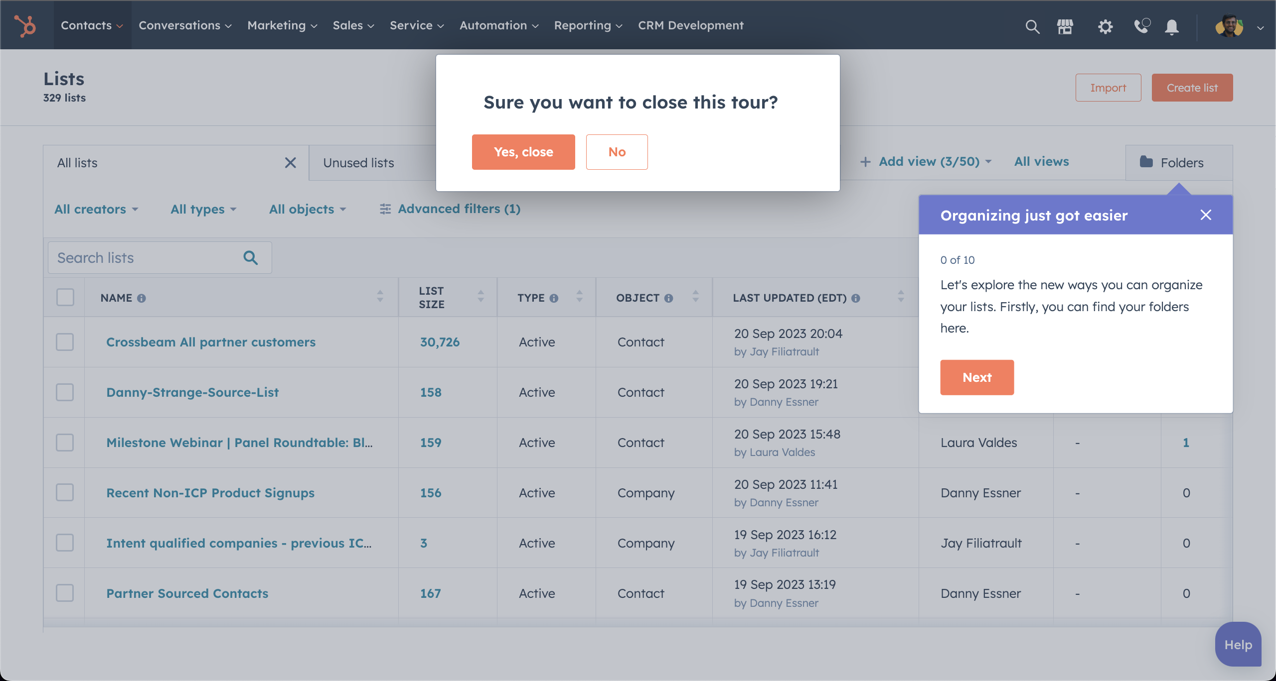 A HubSpot product tour step introducing list organization features, alongside a tour-exit confirmation modal asking whether to close the tour.