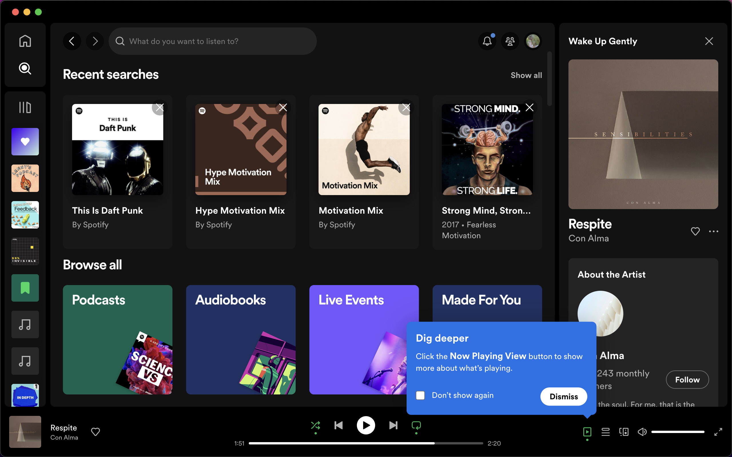 A Spotify feature-discovery tooltip prompting users to explore additional track details, with a 'Don't show again' checkbox.