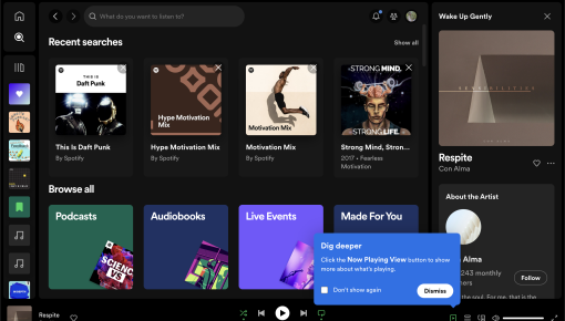 A Spotify feature-discovery tooltip prompting users to explore additional track details, with a 'Don't show again' checkbox.