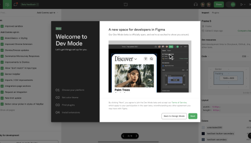 Figma's onboarding modal for a new developer workspace, with four numbered setup steps and a preview of the Figma interface.
