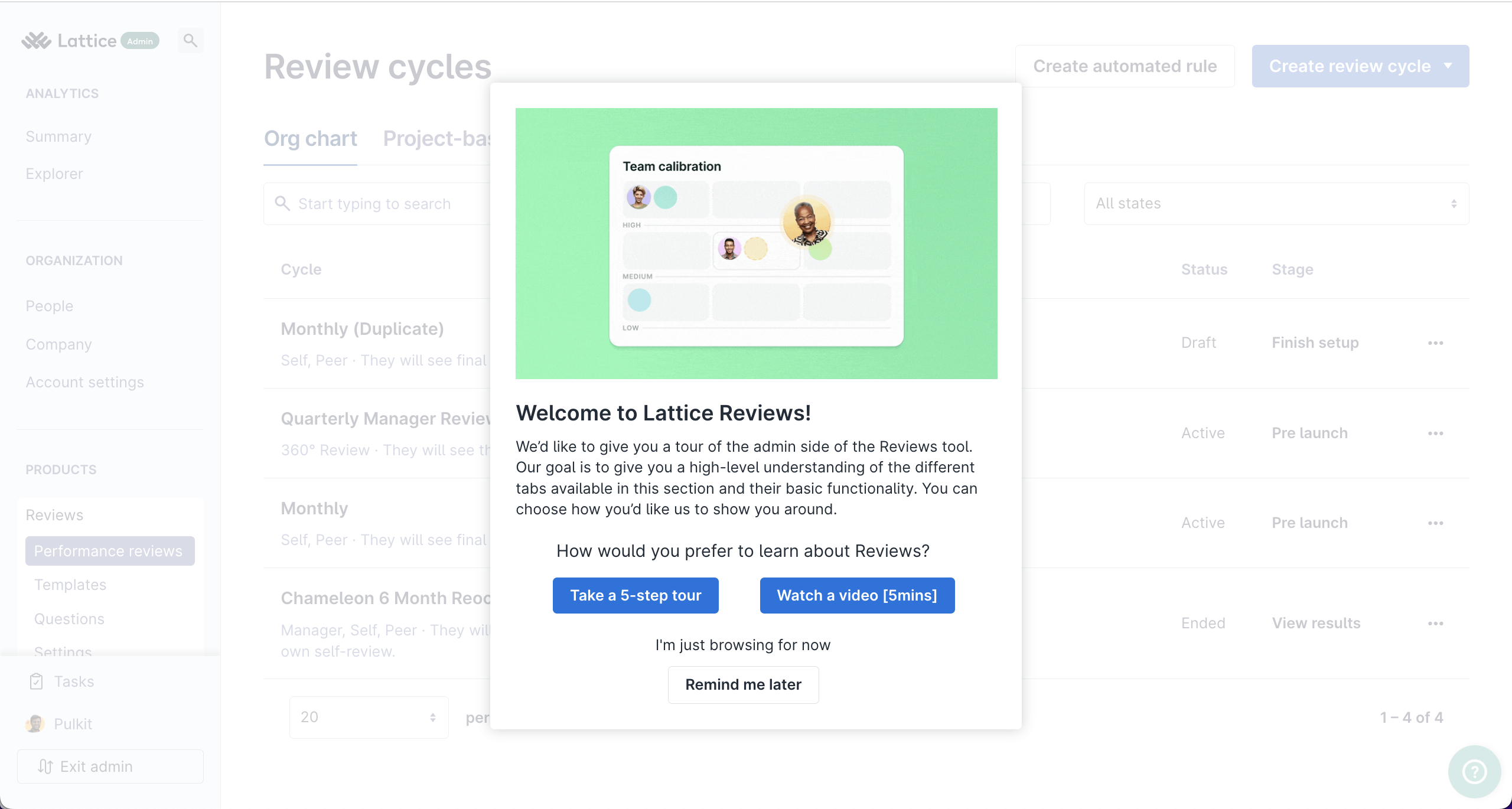 A Lattice onboarding experience prompting users to choose between a guided tour or video introduction to performance reviews.