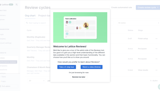 A Lattice onboarding experience prompting users to choose between a guided tour or video introduction to performance reviews.